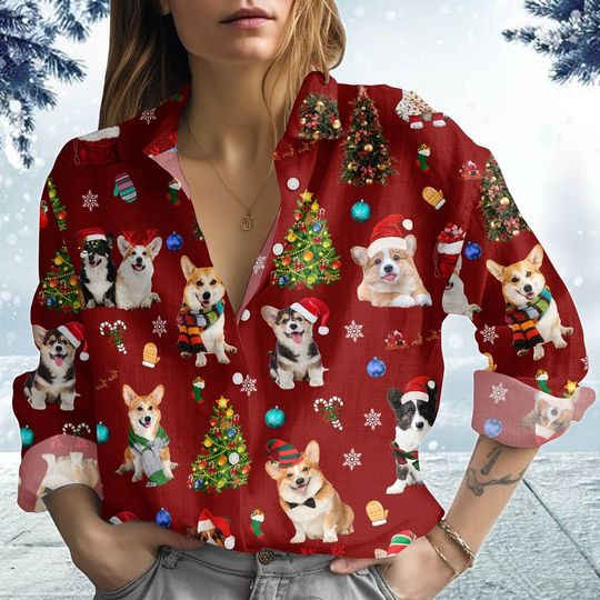 Corgi Christmas Blouse for Women, Holiday Corgi Shirt, Dog Lover Gift