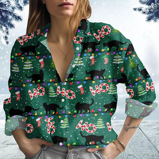 Discover Black Cat Christmas Blouse Shirt, Santa Hat Cat Women Shirt, Christmas Tree Lights Shirt, Funny Merry Catmas Shirt