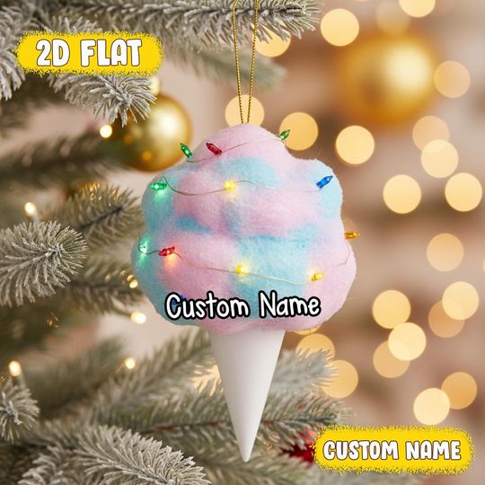 Discover Custom Cotton Candy Ornament with Name - Flat Acrylic Christmas Tree Decor - Cute Personalized Holiday Gift for Kids and Sweet Lovers
