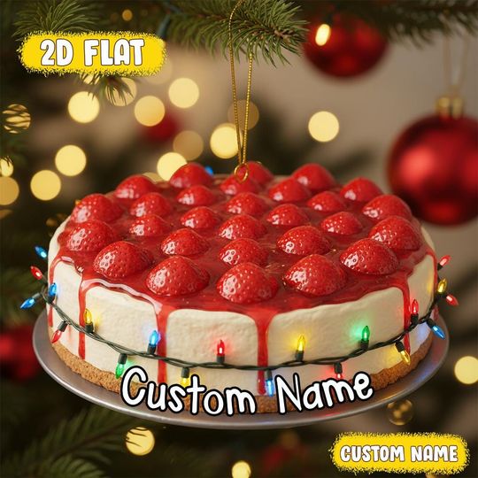Custom Strawberry Cheesecake Ornament, Flat Acrylic Christmas Tree Decor with Name, Personalized Funny Holiday Gift for Food Lovers