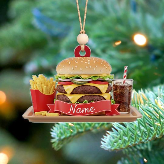 Discover Personalized Cheeseburger Ornament - Double Burger, Fries & Drink Christmas Tree Decor - Custom Name Gift for Fast Food And Foodie Lovers