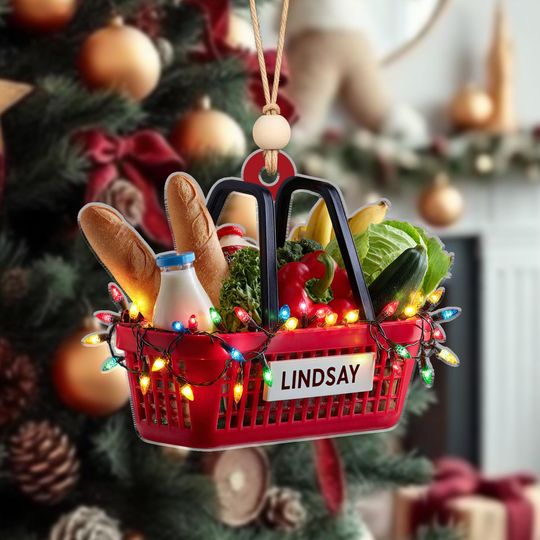 Personalized Grocery Basket Ornament, Custom Christmas Tree Decoration with Name, Funny Holiday Gift for Food Lovers & Shoppers