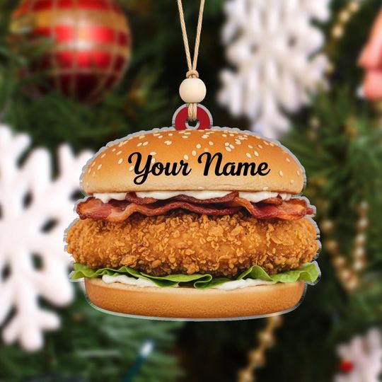 Discover Chicken Burger Christmas Ornament with Name - Funny Personalized Tree Decoration - Fast Food Lover Holiday Gift Idea for Him or Her