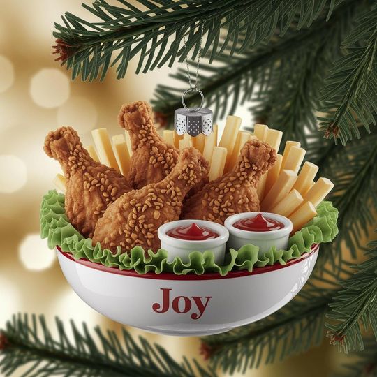 Discover Personalized Fried Chicken Ornament - Custom Food Christmas Tree Decoration with Fries and Name - Funny Holiday Gift for Fast Food Lovers