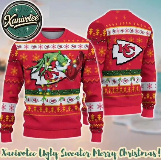 Discover XMAS K.C Chief football With Special Grinchs Hand Football Ugly Christmas Sweater