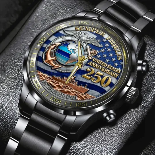 US Marine Corps 250th Anniversary Black Stainless Steel Watch