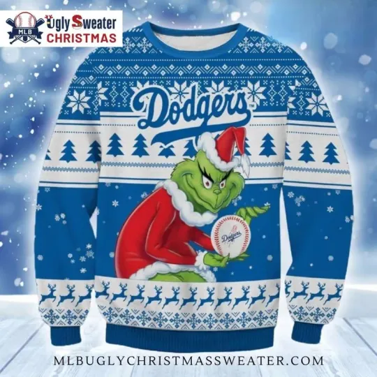 Discover funny character Santa Holding Dodgers Baseball Ugly Sweater