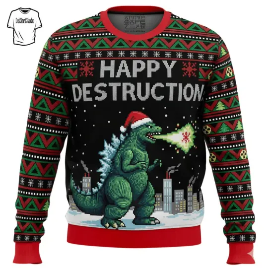 god zilla Happy Destruction Christmas Special Edition Ugly Sweater