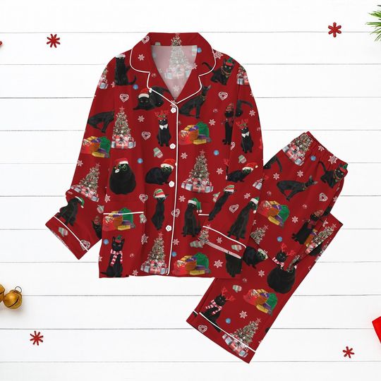 Discover Funny Black Cat Christmas Pajama Set, Cute Kitty Holiday Lounge Set, Red Cat Lover PJs with Christmas Tree and Gifts