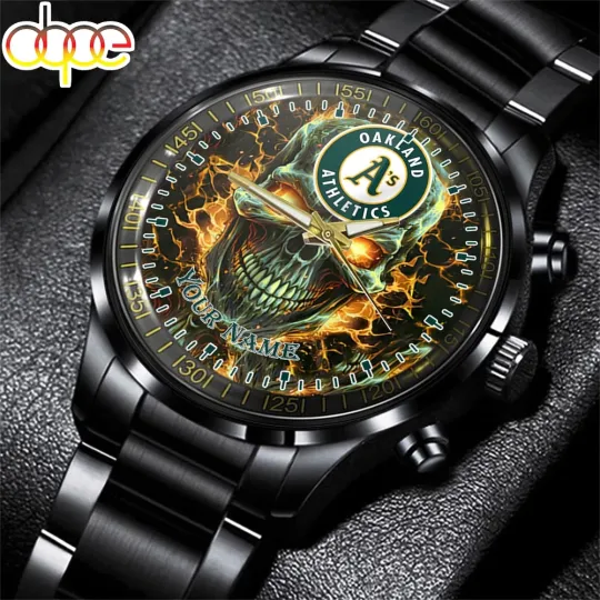 Discover Custom Oaklands Team Athletics Baseball Skull Black Stainless Steel Watch