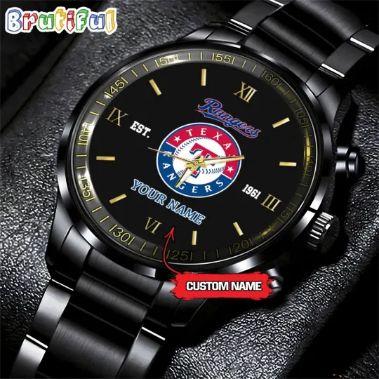 Discover Custom Texas Team Rangers Baseball Black Stainless Steel Watch