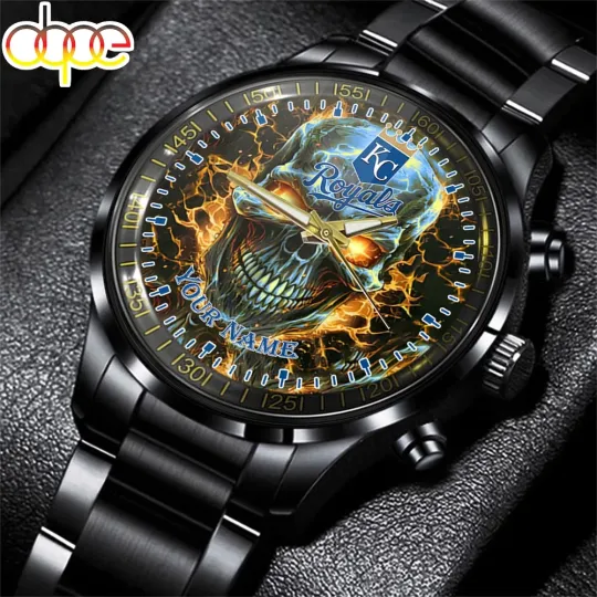 Discover Custom Kansas City Team Royalss Baseball Skull Black Stainless Steel Watch