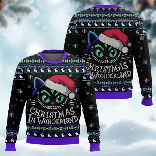 Cheshire Cat Ugly Christmas Sweater, Alice in Wonderland Xmas Sweater, Santa Claus Sweater