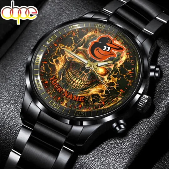 Discover Custom Baltiomres Team Orioless Baseball Skull Black Stainless Steel Watch