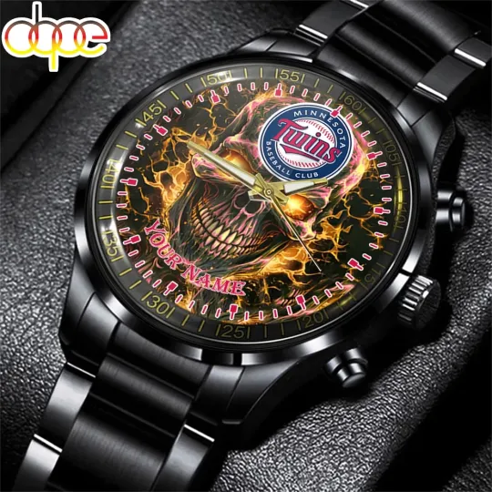Discover Custom Minnesotas Team Twinss Baseball Skull Black Stainless Steel Watch
