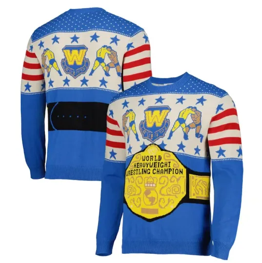 Discover Wrestling Entertainment World Heavyweight Champion Belt Ugly Christmas Sweater Mens Holiday Pullover