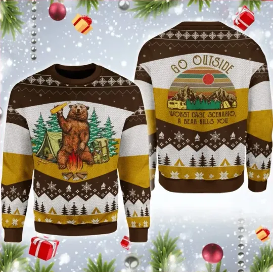 Discover Go Outside Bear Camping Funny Ugly Christmas Sweater Unisex Holiday P