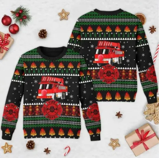 Fireman Ugly Christmas Sweater, Firefighter Truck Ugly Christmas Sweater