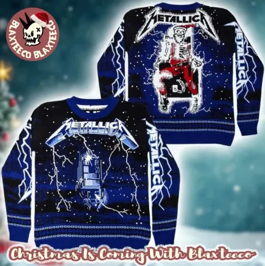 Discover Metallicaa Ride The Lightning Electric Chair And Skeleton Santa Ugly Sweater