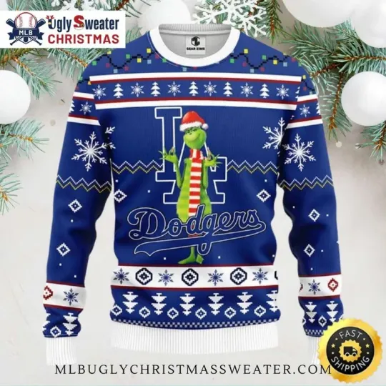 funny character In Santa Hat Dodgers Ugly Christmas Sweater