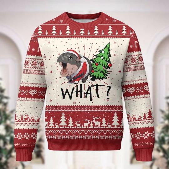 Discover Moo Deng Ugly Christmas Sweater, Hippo Christmas Sweatshirt, Cute Animal Xmas Sweater