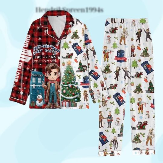 Christmas Doctor Who Pajamas Set, Doctor Who Tardis Christmas Pjs, Tardis Police Box Xmas Sleepwear, Christmas Gift, Gift For Her