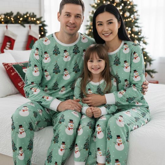 Snowman Long Sleeve Pajama Set for Adults, Holiday Christmas Family Matching Pajamas