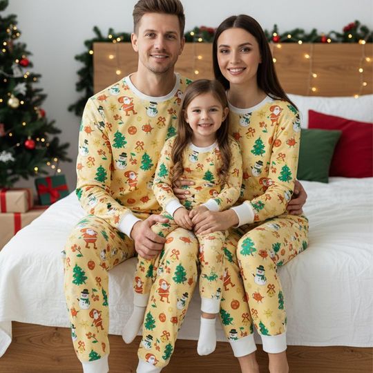 Christmas Long Sleeve Pajama Set with Xmas Tree Snowman Family Matching Holiday Sleepwear