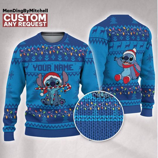 Discover Personalized Disney Christmas Stitch Lights, Custom Lilo And Stitch Xmas Sweatshirt, Christmas Lilo And Stitch Ugly Sweater