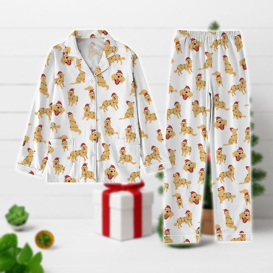 Golden Retriever Christmas Pajamas Set, Cute Dog Cartoon Long Sleeve Pajamas, Pet Lover Matching Sleepwear, Holiday Gift, Xmas Gift