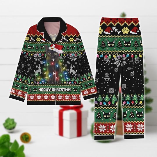 Discover Meowy Christmas Cat Pajamas Set, Funny Black Cat Long Sleeve Pajamas, Holiday Matching Sleepwear, Cute Pet Lover Xmas Gift