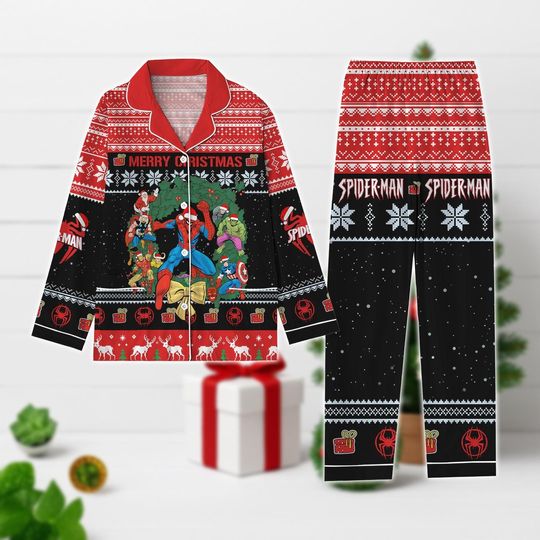 Christmas Spierman Pajamas Set, Spider-Man Long Sleeve Pajamas, Xmas Superhero Matching Sleepwear, Xmas Holiday Gift, Gift For Him