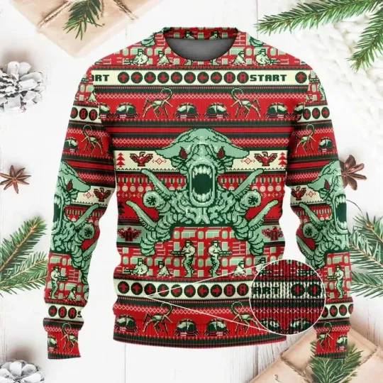 Contra Retro Video Game Ugly Christmas Sweater Men Women Holiday Pullover Red