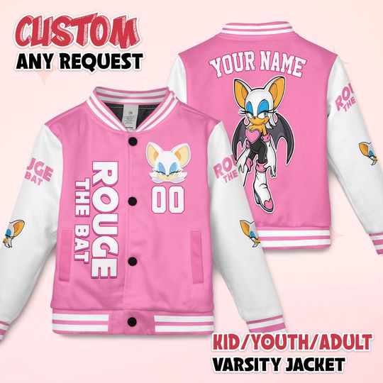 Custom Rouge the Bat Varsity Jacket, Personalized Sonic the Hedgehog Baseball Jacket