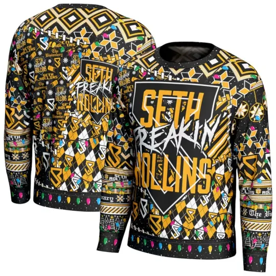 Wrestling Entertainment Seth Rollins Ugly Christmas Sweater Men Women Holiday Pullover Black Gold