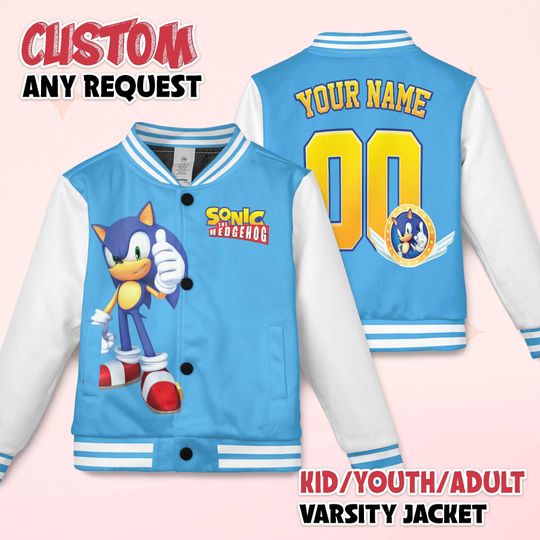 Personalized Sonic Varsity Jacket, Custom Sonic the Hedgehog Baseball Jacket