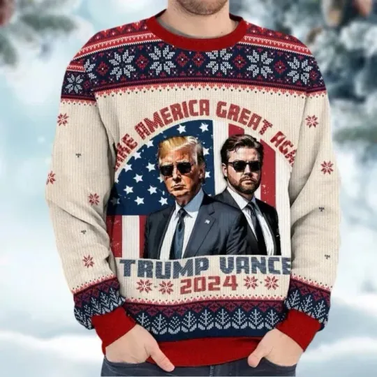 Discover Funny Patriotic Christmas Sweater USA Flag Knit Holiday Pullover 2024 Unisex