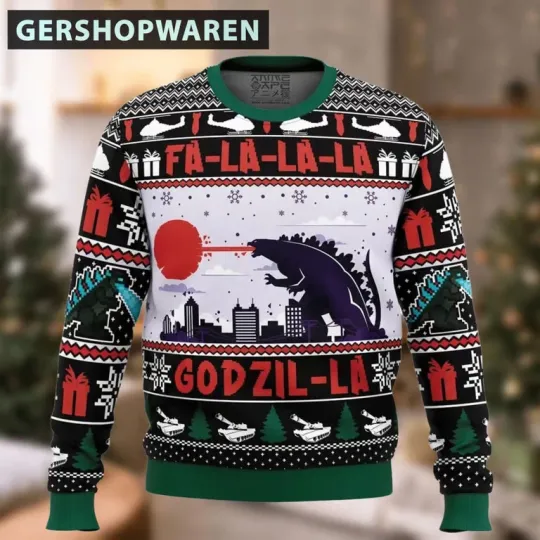 god zilla Ugly Xmas Sweater, Retro King of Monsters Unisex Holiday Jumper