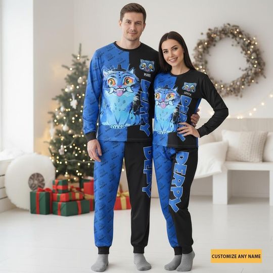 Discover Blue Tiger Christmas Pajamas, Blue Tiger Xmas Pajamas, Cute Animal Pjs Set, Blue Tiger Santa Holiday Pjs, Christmas Gift