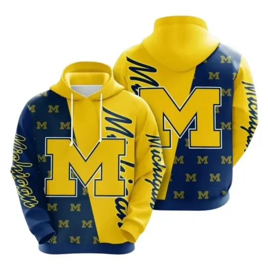 Discover Michigan Football 3D Hoodie, Yellow Blue Big M Split Design for Fans