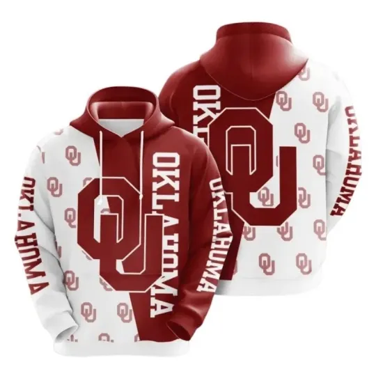 Oklahoma Football 3D Hoodie, Crimson White Split Boomer Sooner Style