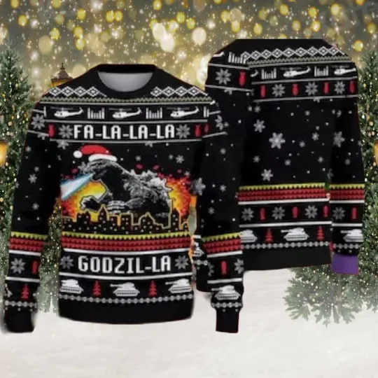 Funny Monster Xmas Sweater, Fa-La-La god zilla Holiday Sweatshirt