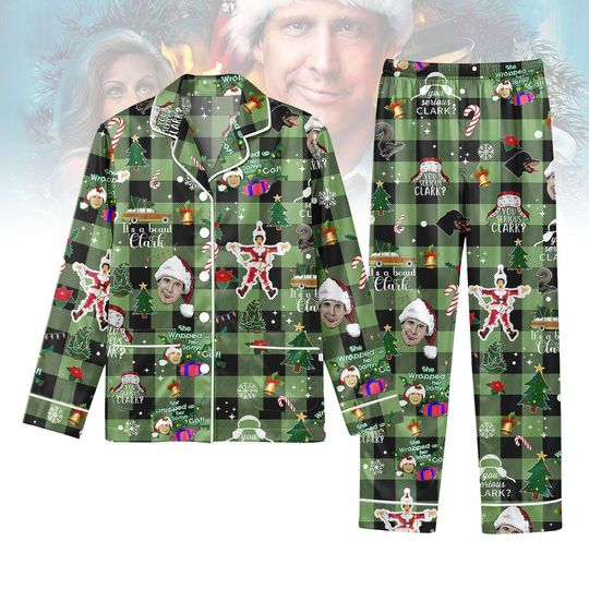 National Lampoon Christmas Pajamas Set for Adults, Clark Griswold Green Plaid Holiday Sleepwear