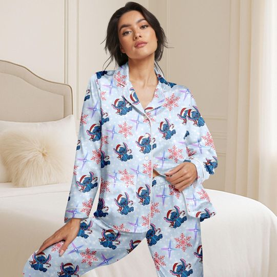 Discover Disney Stitch Christmas Pajama Set for Women, Blue Holiday Sleepwear, Cozy Winter Loungewear