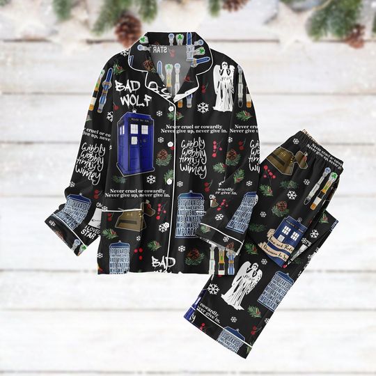 Vintage Doctor Who Christmas Pajamas Set, Dr Who Xmas Holiday Pajamas, Police Box Sleepwear, Tardis Docter Who Shirt, Xmas Gifts