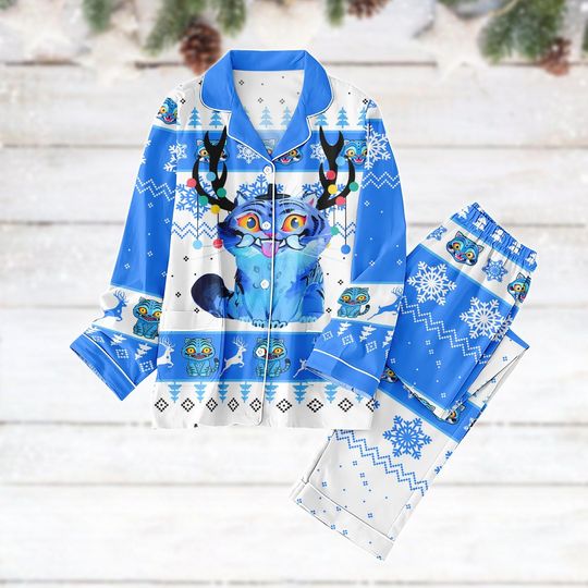 Discover Blue Tiger Christmas Pajamas Set, Funny Tiger Reindeer Hat Holiday Pajamas, Kpop Anime Fans Loungewear, Cute Tiger Sleepwear For Lovers