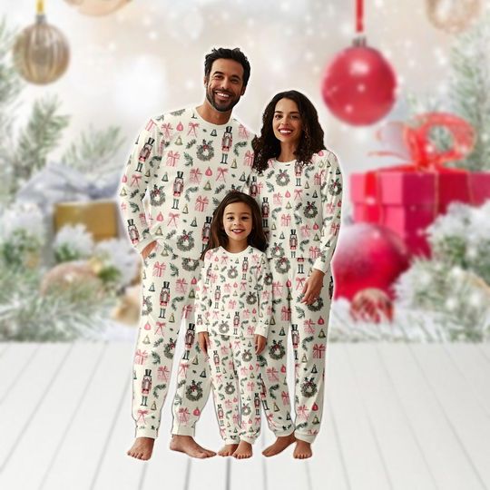 Nutcracker Christmas Family Matching Pajamas Set, Cute Merry Christmas Loungewear, Pink Nutcracker Holiday Pajamas, Xmas Party Gifts