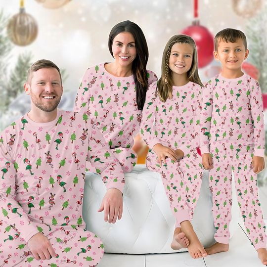 Flamingo Christmas Family Pajamas Set, Merry Christmas Matching Holiday Pajamas, Pink Bird Loungewear, Santa Flamingo Xmas Tee Pants