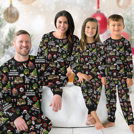 Discover Supernatural Christmas Family Pajamas Set, Winchester Brother Matching Holiday Pajamas, 90s TV Series Loungewear, Xmas Movie Tee Pants