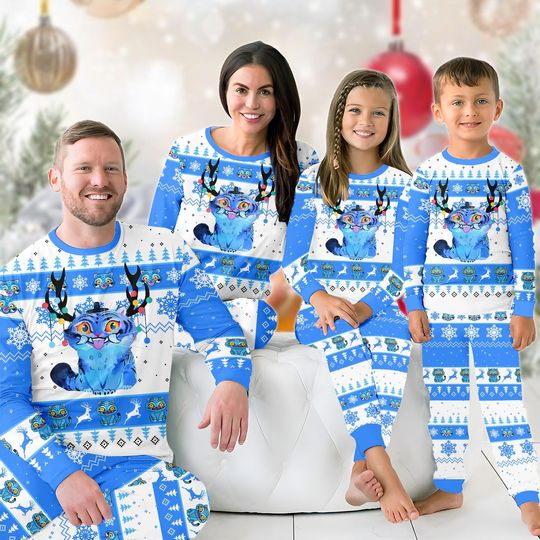 Discover Funny Blue Tiger Family Pajamas Set, Reindeer Tiger Holiday Pajamas, Kpop Anime Fans Loungewear, Tiger Lovers Tee And Pants, Xmas Gifts